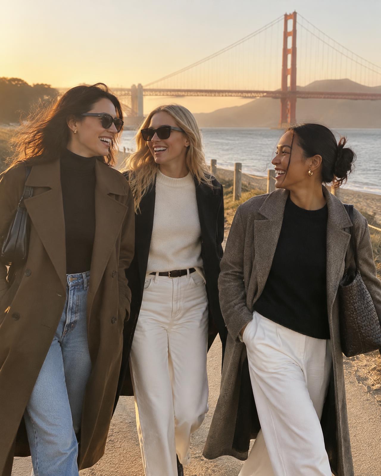 Three friends laughing on a walk at Crissy Field
